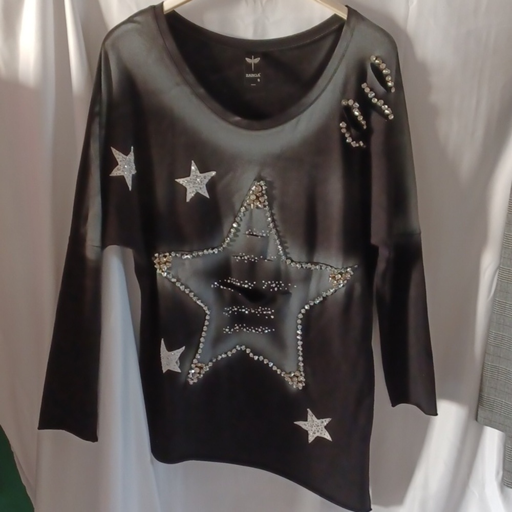 Zarga funky fun top/tunic, assymetrical hem, rhinestones & studs